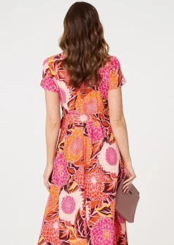 Izabel London Pink Floral Short Sleeve Tie Waist Midi Dress