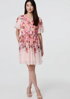 Izabel London Pink Floral Print Angel Sleeve Mini Dress
