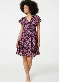 Izabel London Pink Floral Tie-Waist Ruffled Mini Dress