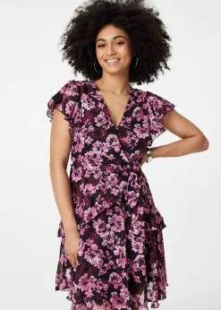 Izabel London Pink Floral Tie-Waist Ruffled Mini Dress