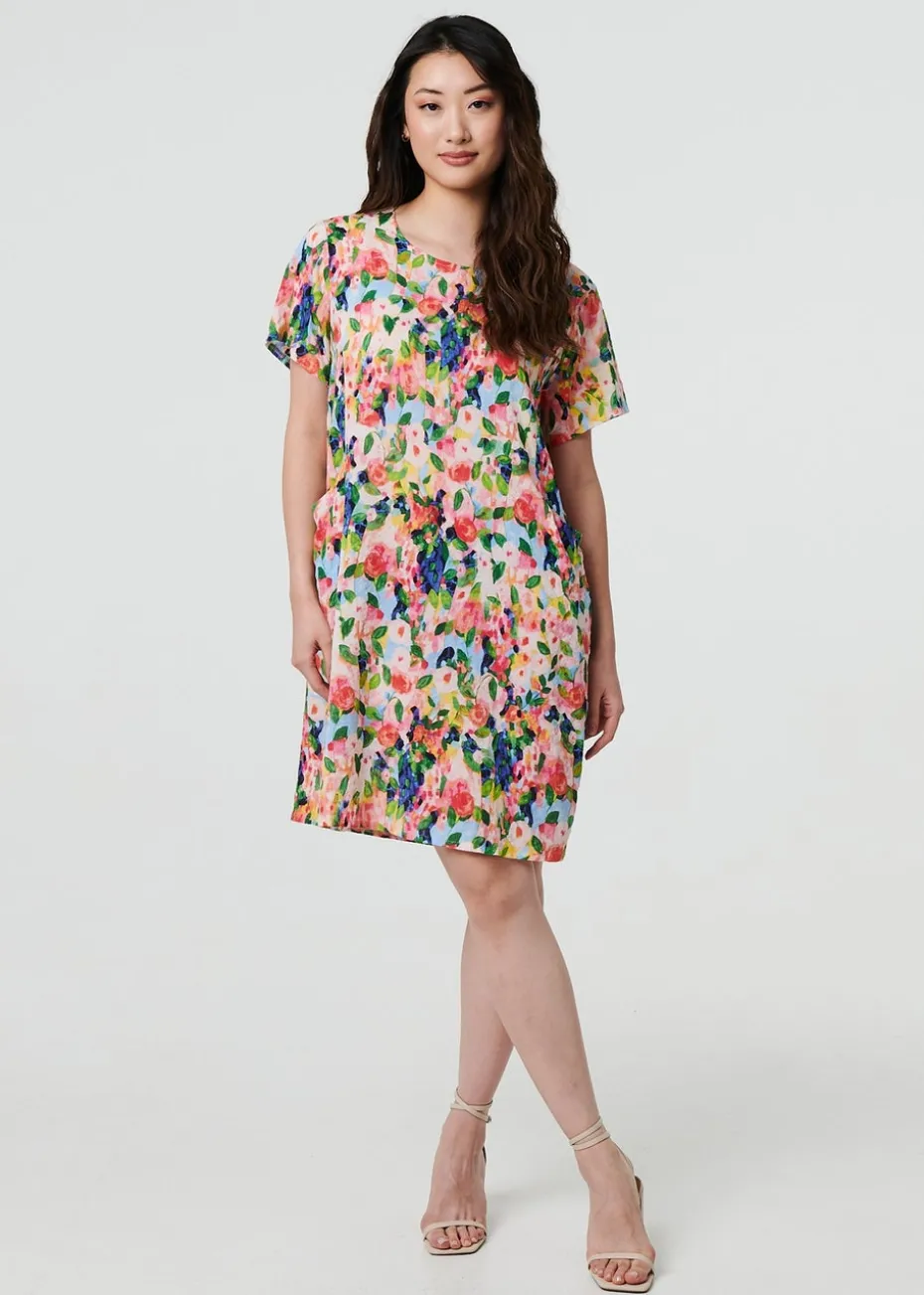 Izabel London Pink Floral Short Sleeve Shift Short Dress