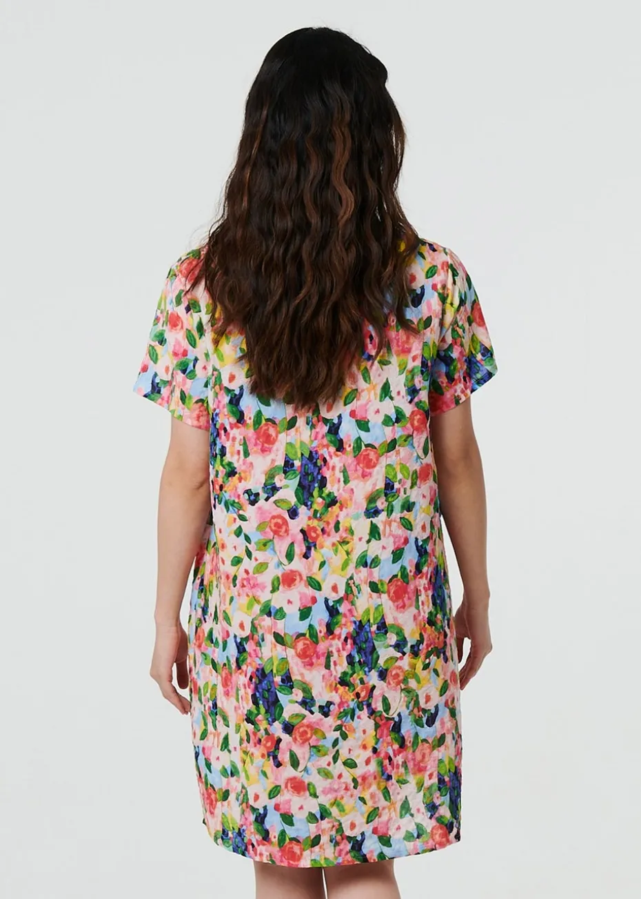 Izabel London Pink Floral Short Sleeve Shift Short Dress