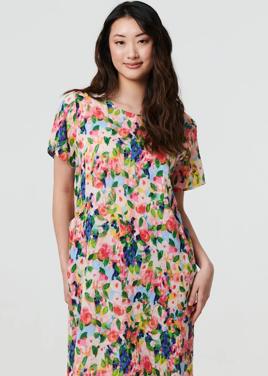 Izabel London Pink Floral Short Sleeve Shift Short Dress