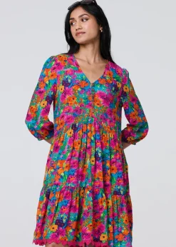 Izabel London Pink Floral 3/4 Sleeve Smock Dress