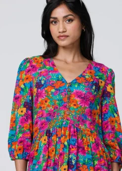 Izabel London Pink Floral 3/4 Sleeve Smock Dress