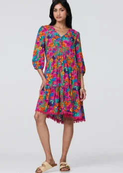 Izabel London Pink Floral 3/4 Sleeve Smock Dress