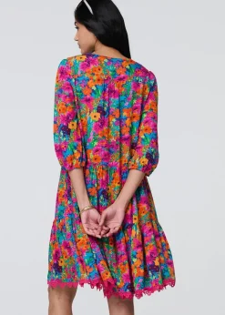 Izabel London Pink Floral 3/4 Sleeve Smock Dress