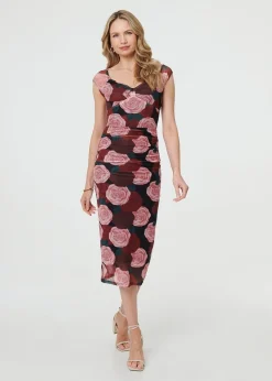 Izabel London Pink Floral Semi Sheer Cap Sleeve Midi Dress