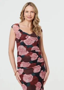 Izabel London Pink Floral Semi Sheer Cap Sleeve Midi Dress