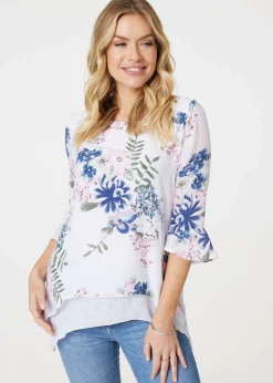 Izabel London Pink Floral 3/4 Flare Sleeve Curve Hem Top