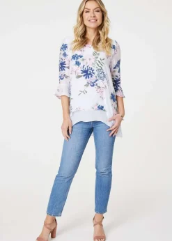 Izabel London Pink Floral 3/4 Flare Sleeve Curve Hem Top
