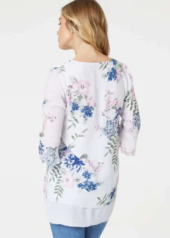 Izabel London Pink Floral 3/4 Flare Sleeve Curve Hem Top
