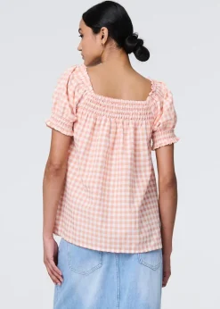 Izabel London Pink Gingham Check Puff Sleeve Blouse