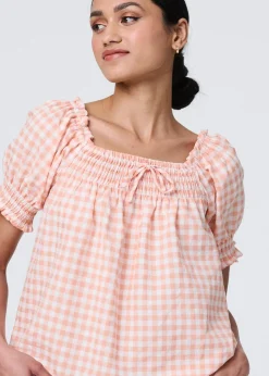 Izabel London Pink Gingham Check Puff Sleeve Blouse
