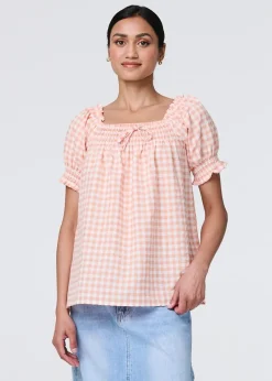 Izabel London Pink Gingham Check Puff Sleeve Blouse
