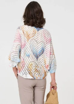 Izabel London Pink Heart Print Open Knit 3/4 Sleeve Top