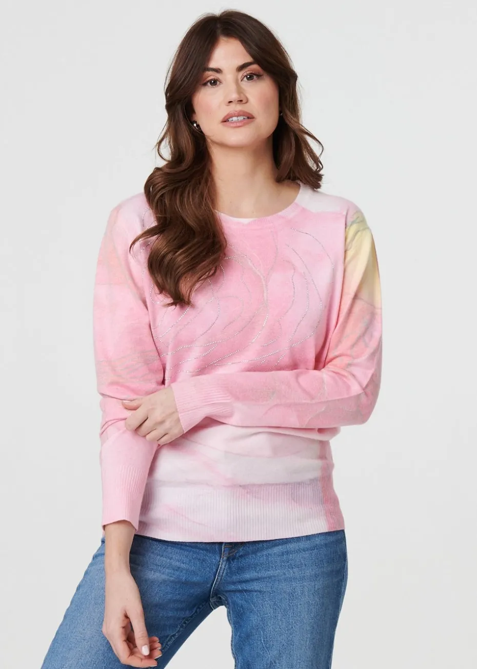 Izabel London Pink Marble Print Metallic Relaxed Jumper