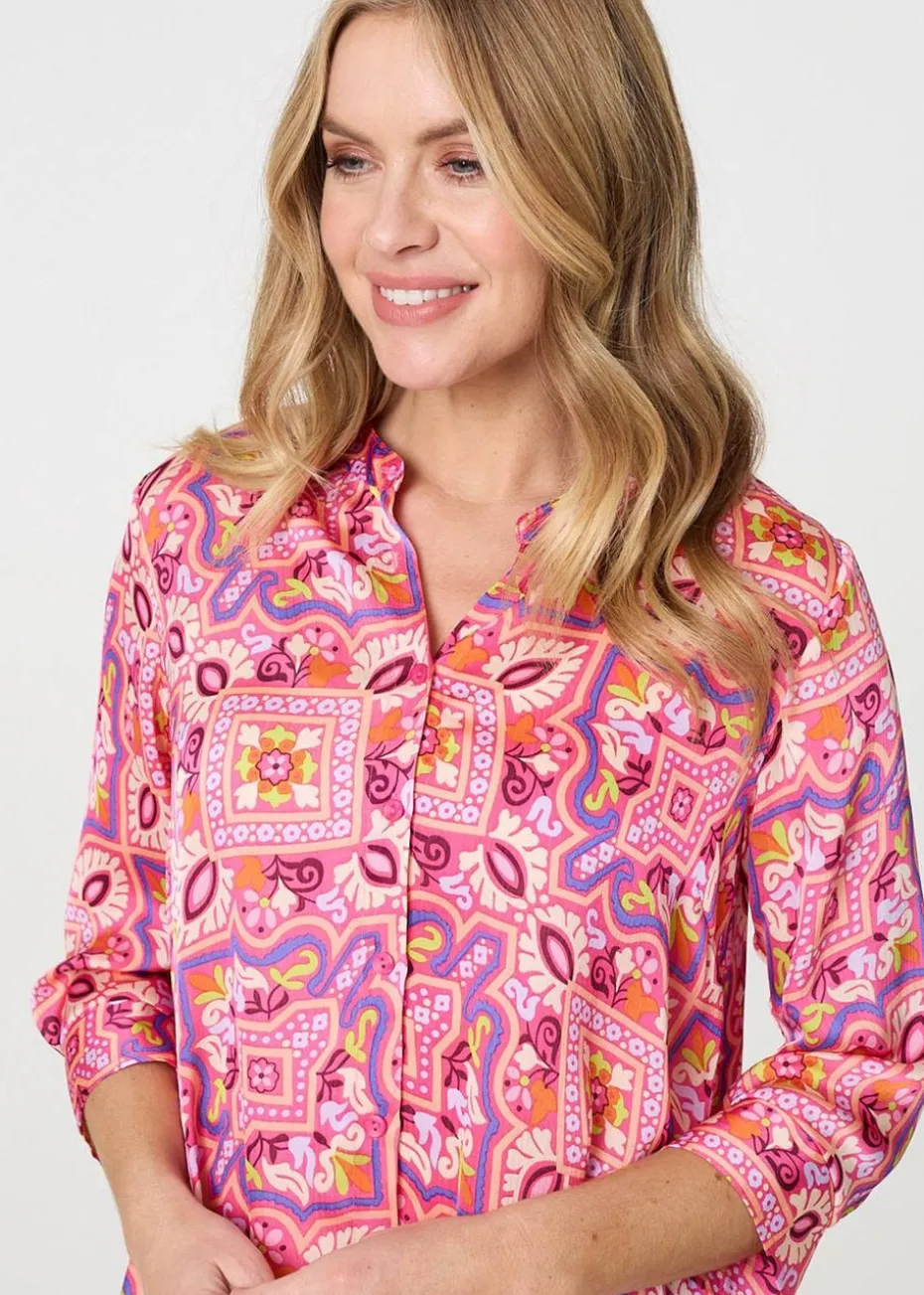 Izabel London Pink Mosaic Print 3/4 Sleeve Longline Blouse