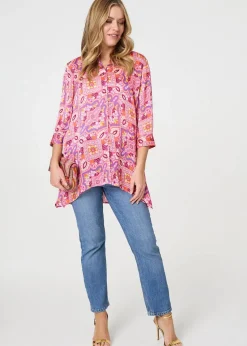 Izabel London Pink Mosaic Print 3/4 Sleeve Longline Blouse