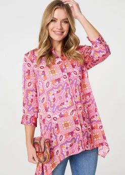 Izabel London Pink Mosaic Print 3/4 Sleeve Longline Blouse