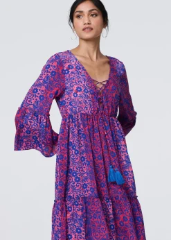 Izabel London Pink Paisley Tassel V-Neck Knee Length Dress