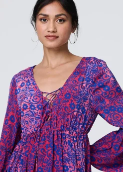 Izabel London Pink Paisley Tassel V-Neck Knee Length Dress