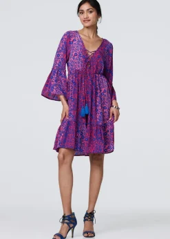 Izabel London Pink Paisley Tassel V-Neck Knee Length Dress