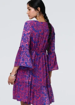 Izabel London Pink Paisley Tassel V-Neck Knee Length Dress