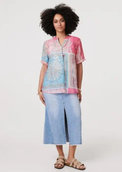 Izabel London Pink Patchwork Print Short Sleeve Blouse