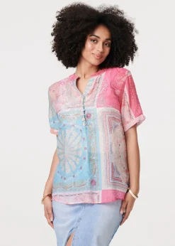 Izabel London Pink Patchwork Print Short Sleeve Blouse