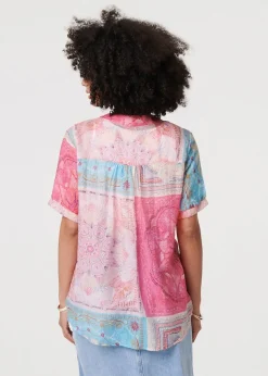 Izabel London Pink Patchwork Print Short Sleeve Blouse