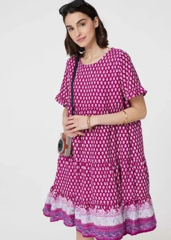Izabel London Pink Printed Short Sleeve Tiered Smock Dress