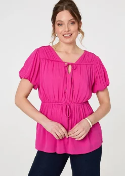 Izabel London Pink Ruched Short Puff Sleeve Peplum Blouse