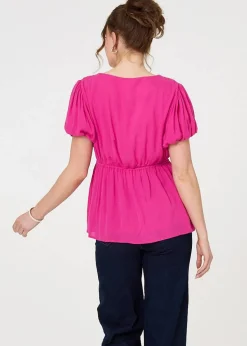 Izabel London Pink Ruched Short Puff Sleeve Peplum Blouse