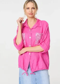Izabel London Pink Sequin Detail 3/4 Turn-Up Sleeve Shirt