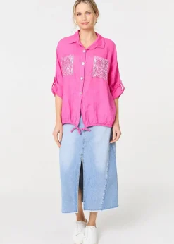 Izabel London Pink Sequin Detail 3/4 Turn-Up Sleeve Shirt