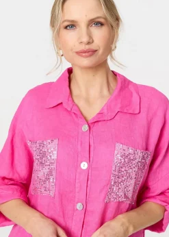 Izabel London Pink Sequin Detail 3/4 Turn-Up Sleeve Shirt