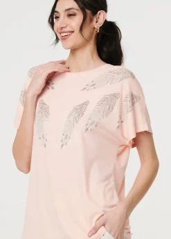Izabel London Pink Sparkly Feather Print Relaxed T-Shirt