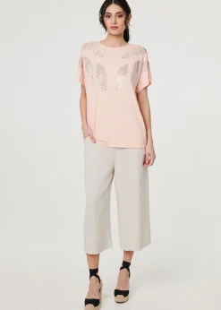 Izabel London Pink Sparkly Feather Print Relaxed T-Shirt