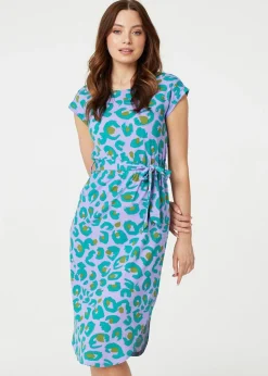 Izabel London Purple Animal Print Cap Sleeve Jersey Dress