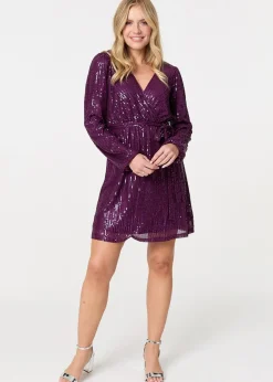 Izabel London Purple Sparkly Sequin Long Sleeve Mini Wrap Dress