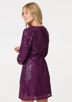 Izabel London Purple Sparkly Sequin Long Sleeve Mini Wrap Dress