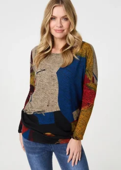 Izabel London Red Abstract Long Sleeve Relaxed Knit Top