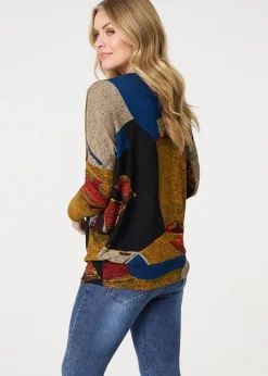 Izabel London Red Abstract Long Sleeve Relaxed Knit Top