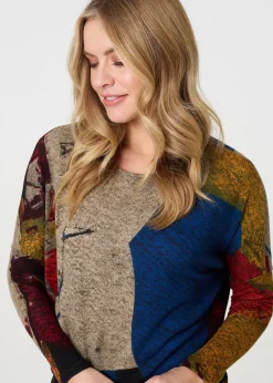 Izabel London Red Abstract Long Sleeve Relaxed Knit Top