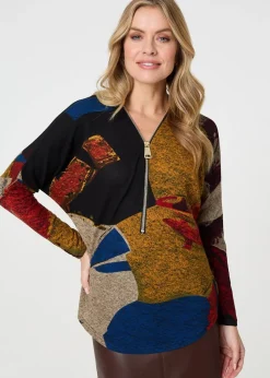 Izabel London Red Abstract Zip V-Neck Long Sleeve Relaxed Top
