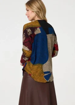 Izabel London Red Abstract Zip V-Neck Long Sleeve Relaxed Top