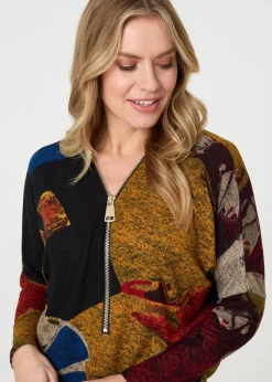 Izabel London Red Abstract Zip V-Neck Long Sleeve Relaxed Top