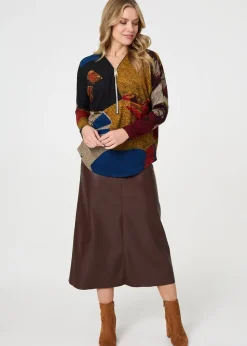 Izabel London Red Abstract Zip V-Neck Long Sleeve Relaxed Top