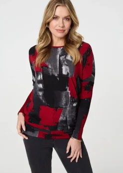 Izabel London Red Abstract Knit Long Sleeve Jumper